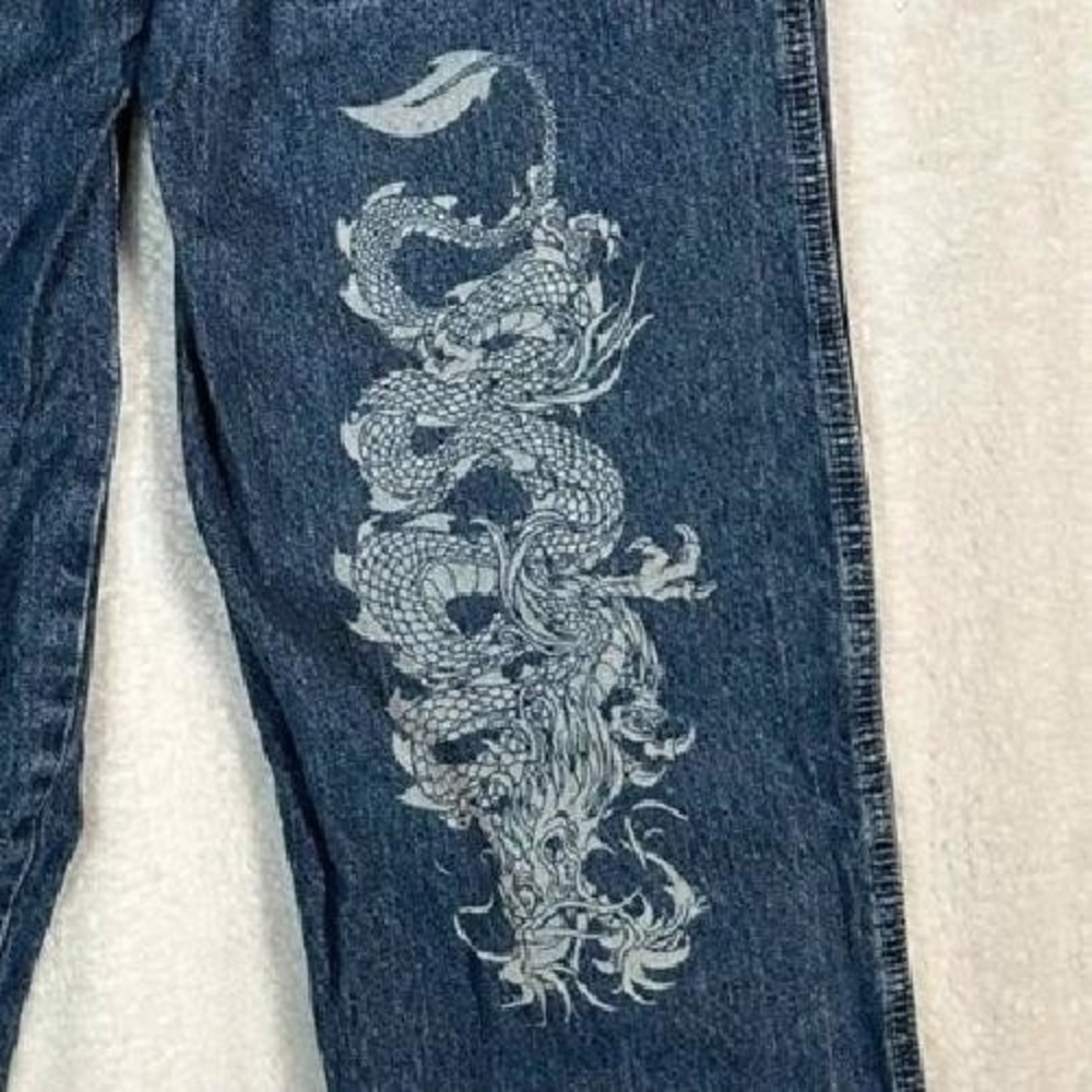 JNCO Jeans Front Graphic Dragon Dark Wash Denim Kids Youth Size 16 Y2K Vintage - Picture 6 of 12